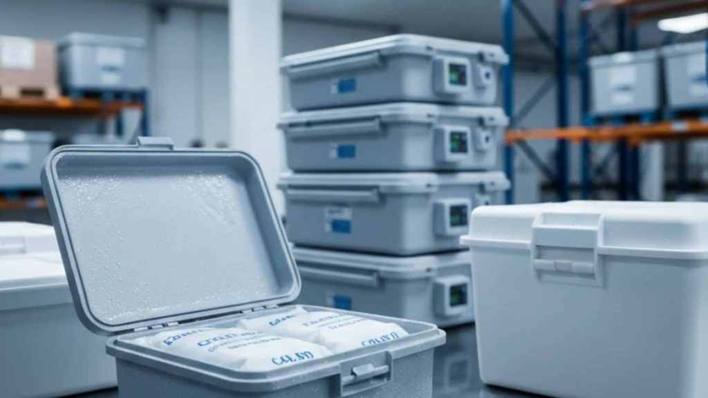 Insulated cold chain container storing batch documented research vials for retatrutide alluvi distribution