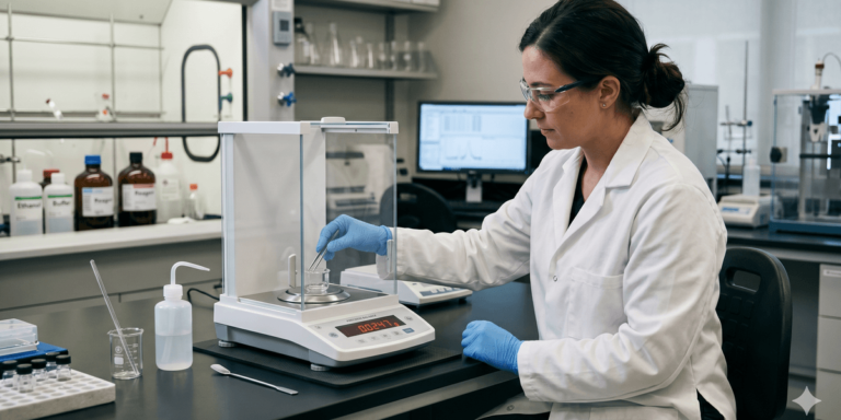 Laboratory research technician calibrating liquid microgram concentration scales for bpc-157 dosage experiments