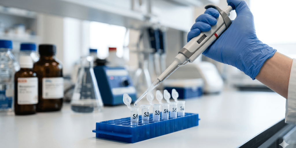 Laboratory research technician calibrating liquid microgram concentration scales for bpc-157 dosage experiments