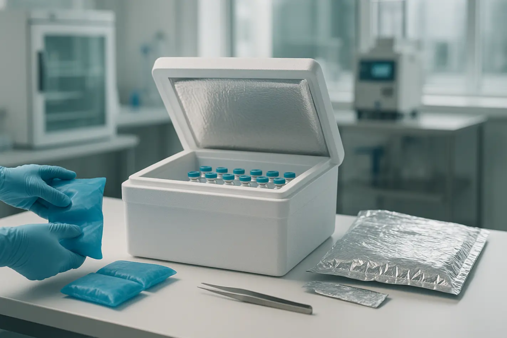 Insulated cold-chain shipping container storing batch-documented research peptide vials