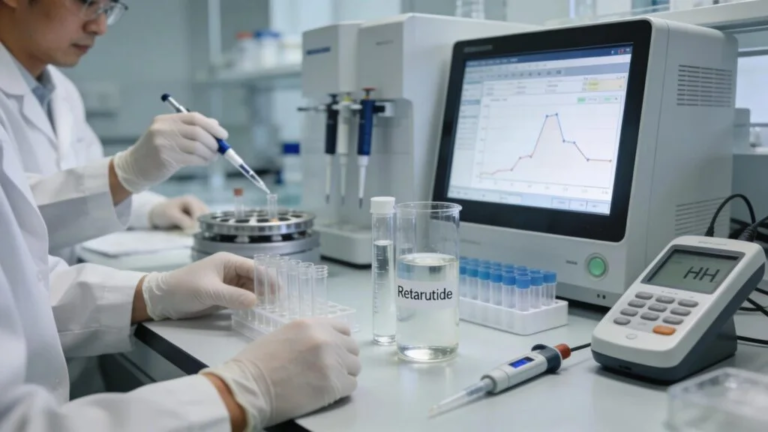 Laboratory technician analyzing retatrutide alluvi research samples for purity verification